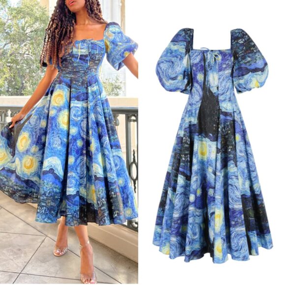 BEST Selkie The Starry Night Day Midi Dress Navy Van Gogh Masterpiece Medium - Picture 2 of 14